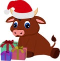 Bull symbol of the year sitting in a Christmas hat with a bunch of gifts, vector drawing